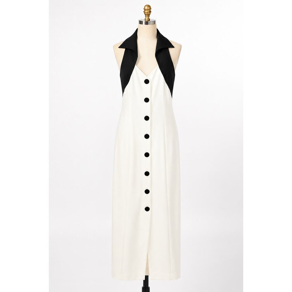 Jessica Howard White Black Button Up Racer Back Halter Maxi Vintage Dress Size 8
